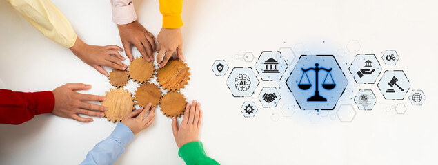 This image features diverse hands collaborating to align wooden gears, symbolizing teamwork in the...
