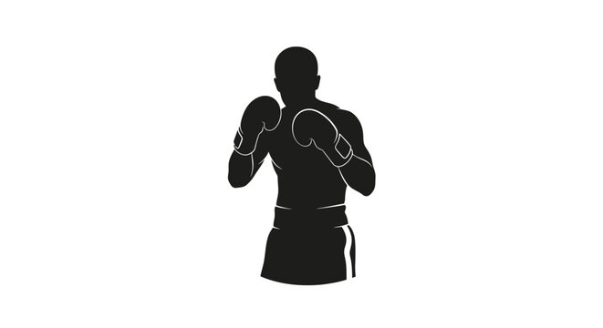 Silhouette of a muscular boxer in a fighting stance ready to compete in the ring