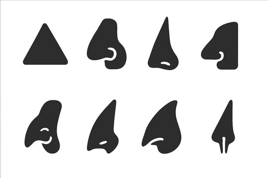 Pointed Nose Icons. Solid, filled icon set of stylized pointed noses: triangle nose, hooked nose, long pointed nose, side nose, cartoon witch nose, sharp elf