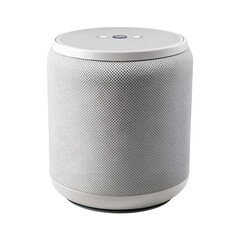 A sleek smart home speaker with voice control, isolated on a pure white background. Perfect for smart home ads, technology catalogs, and gadget branding.
