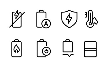 Power Bank Safety Icons. Outline icon set of power bank safety features: short circuit protection, overcurrent protection, surge protection, temperature
