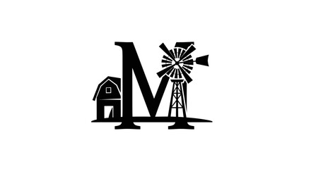Elegant Letter M Logo Design Showcasing a Rustic Farm Scene with Barn and Windmill Silhouette
