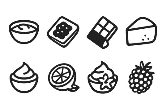 Pastry Fillings Icons. Solid, filled icon set of pastry fillings: custard, fruit jam, chocolate, cream cheese, almond paste, lemon curd, vanilla cream,