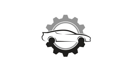 Automotive engineering logo showcasing car silhouette within gear mechanism and modern design
