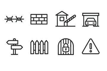 Border Icons Set. Outline icon set of borders and limits: barbed wire, wall, checkpoint, border crossing, signpost, fence, locked gate, warning triangle. Line