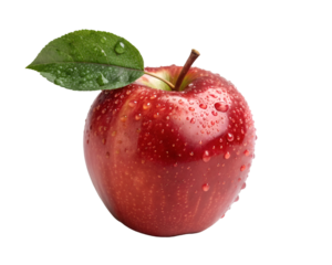 Red apple with green leaf and water droplets on black background fruit fresh