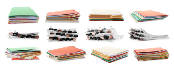 Documents in colorful file folders with binder clips isolated on white, set