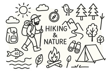 Fototapeta premium Hiking Adventure Icons. Hand-drawn doodle illustration Hiking and nature experience man hiking, backpack, mountain, trees, campfire, tent, river, compass,