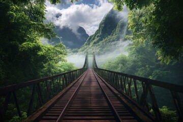 Fototapeta premium Scenic bridge in a lush green forest surrounded by towering mountains and mist