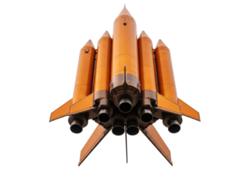 Detailed space shuttle PNG isolated on transparent background, rocket with multiple engines for space exploration and aerospace design