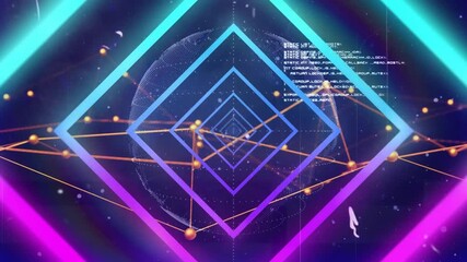 Diamond outline appearing triggers nested neon shapes rotating and nodes weaving data flow - Powered by Adobe