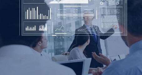 Presenter gesturing flipchart causing overlays showing tech data as team tapping laptops clapping - Powered by Adobe