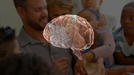 3D brain hologram materializing rotating teacher pointing and students touching model for education - Powered by Adobe