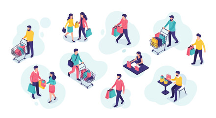 Diverse shoppers engaged in various retail activities illustration showcasing consumer behavior and lifestyle elements in a modern shopping environment