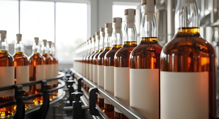 Whiskey Bottles Lined Up on Conveyor Belt with White Labels in a Distillery Factory