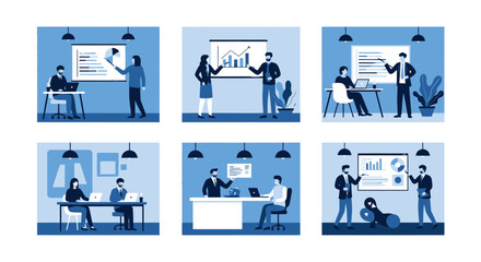 Business team collaborating on financial data and presenting growth strategies to colleagues during a professional meeting or workshop