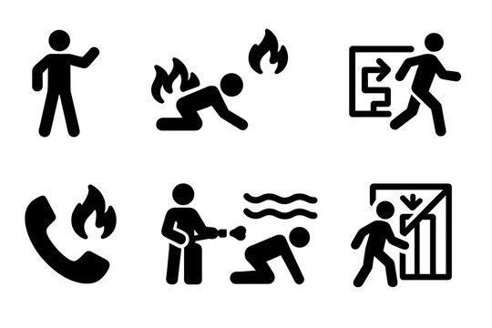 Fire Safety Icons. Solid, filled icon set of fire safety instructions: stop, drop and roll, fire exit plan, fire drill, call emergency, use extinguisher, stay