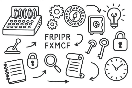 Enigma Machine Doodle. Hand-drawn doodle illustration enigma machine gears, code wheel, keys, lever, light bulb, cipher text, safe, lock, key, notebook,