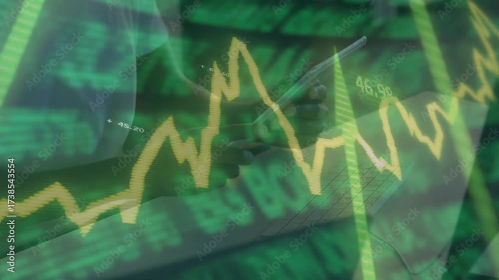 Wall mural Stylus-wielding hand tapping keyboard and tracing chart showing price labels for financial analysis