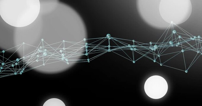 On appearing turquoise nodes pulsing drifting with white bokeh causing waves showing network flow
