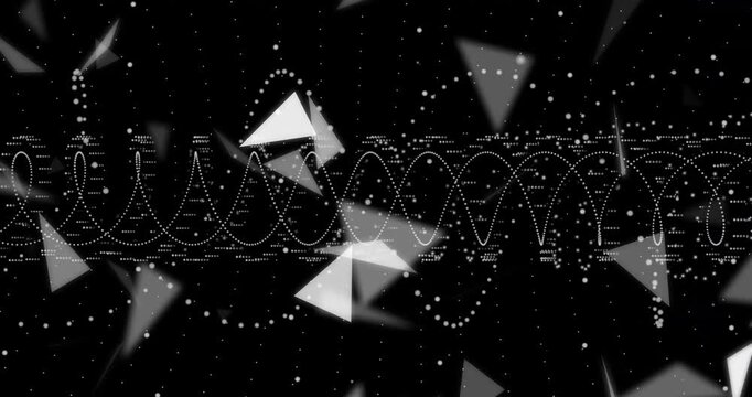 Opening dotted waveform on black backdrop, dots drifting and triangles rotating visualizing motion