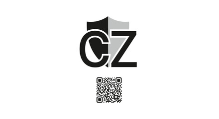 Modern and abstract logo with the letters CZ on a shield and a QR code below for digital access