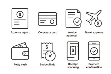 Company Expense Icons. Outline icon set of company expenses: expense report, corporate card, invoice approval, travel expense, petty cash, budget limit,