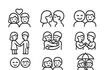 Couple Emotion Icons. Outline icon set of couple emotions: love heart, kissing, smiling faces, holding hands, hugging, exchanging rings, blushing cheeks,