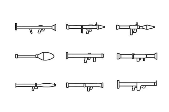 Bazooka Icon Set. Outline icon set of bazooka historical models: M1 bazooka, M9 bazooka, RPG-, Panzerfaust, Carl Gustaf, AT4, LAW, Panzerschreck. Line icons in