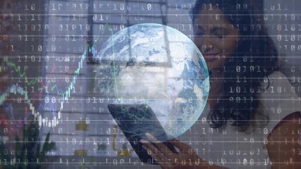 Man picking up tablet starting binary data while animating hologram globe and updating analytics - Powered by Adobe