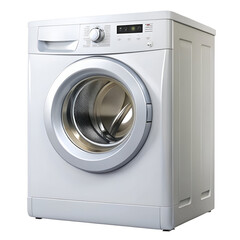 A front-loading washing machine with digital panel, isolated on a pure white background. Perfect for home appliance catalogs, laundry ads, and electronics branding.