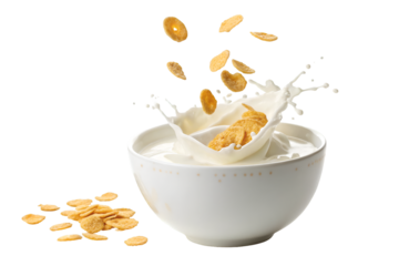 Corn Flakes Cereal Splash Milk Splash In White Bowl Black Background image