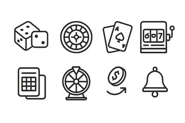 Game of Chance Icons. Outline icon set of game of chance: dice, roulette wheel, playing cards, slot machine, lottery ticket, spinner, coin toss, jackpot bell.
