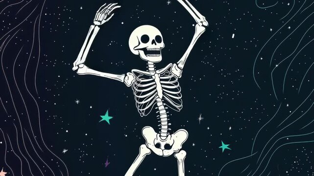 Minimalist illustration of a dancing skeleton playfully posing against a whimsical dark background. Halloween