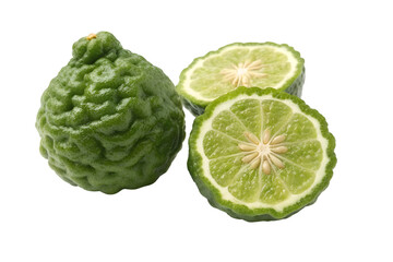 Obraz premium Whole and halved green kaffir lime fruits with textured bumpy skin citrus