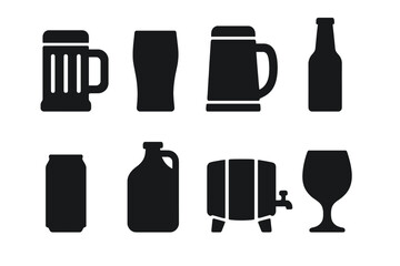 Fototapeta premium Beer Container Icons. Solid, filled icon set of beer containers: beer mug, pint glass, stein, bottle, can, growler, keg, chalice glass. Solid, filled icons in