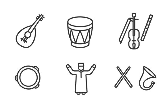Omani Musical Icons. Outline icon set of Omani music and instruments: Oud, Drum, Rababa, Nay flute, Tambourine, Traditional dance, Drumsticks, Horn. Line icons