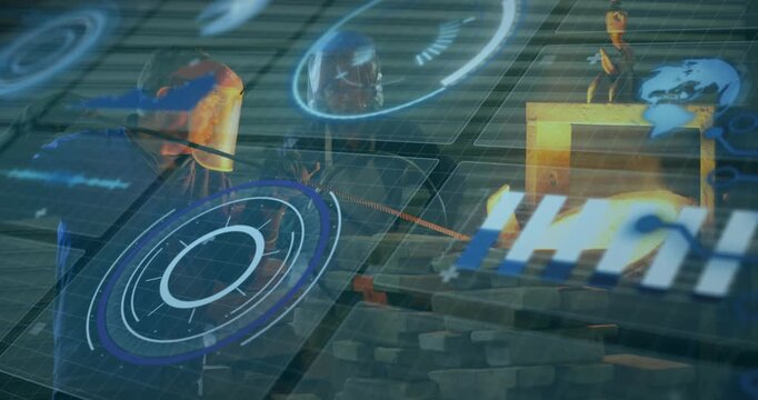 Techs entering foundry securing ladle pouring molten metal into casting mold with guiding holograms