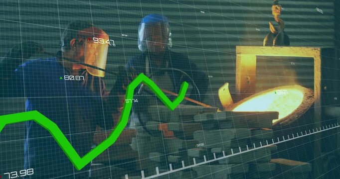 Senior worker stirring molten metal by rod in furnace, colleague steadying mold, graph animating