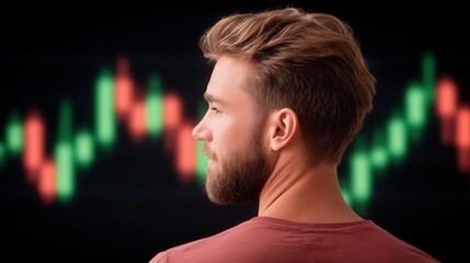 Man gazing at stock market chart on monitor, analyzing financial data. Trader concept for investment and business strategy insight.