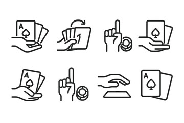 Ace Card Game Icons. Outline icon set of ace card game actions: deal cards, shuffle deck, bet chips, fold hand, raise bet, check turn, call bet, reveal cards.