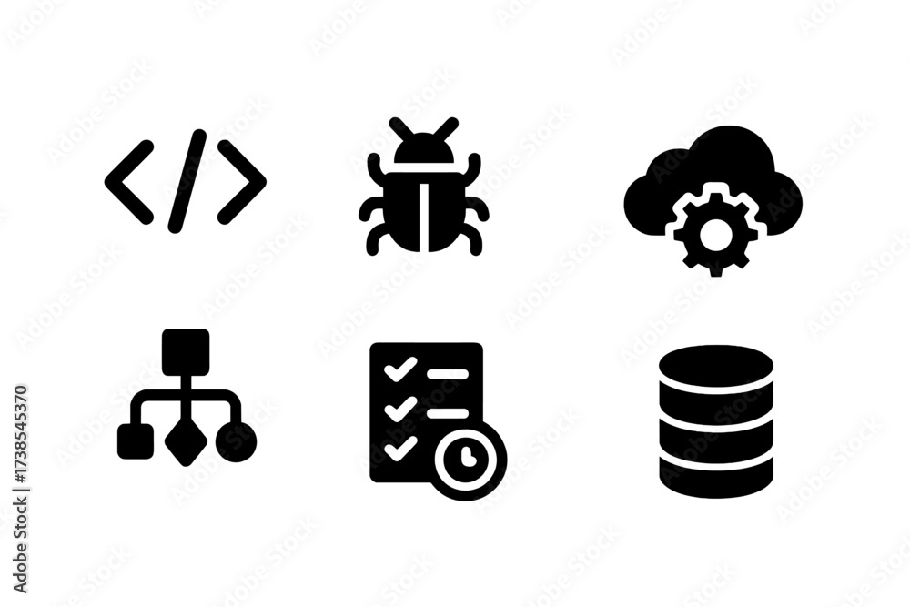 Wall mural software development icons. solid, filled icon set of software development workflow: code brackets, 