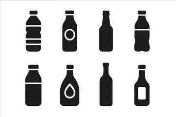Bottle Icon Grid. Solid, filled icon set of bottle contents: water bottle, juice bottle, beer bottle, soda bottle, milk bottle, oil bottle, wine bottle, sauce