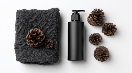 Spa setup with dark towel, black pump bottle, and decorative pinecones