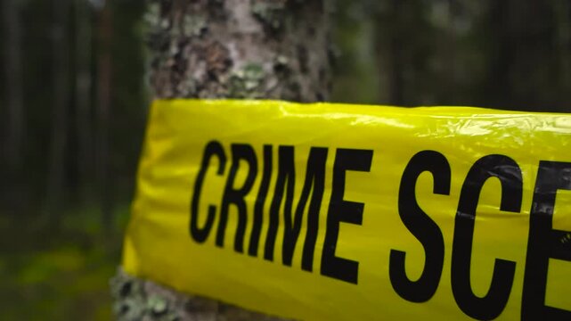 Close up video gliding over a yellow police crime scene line tape wrapped and pulled around a forest tree wit bokeh blurry background and shallow depth of field. Cloudy day time.