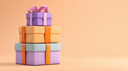 Stacked gift boxes of varying colors with ribbons, against an orange background