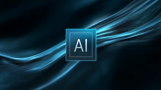 Square AI emblem floating amidst dynamic blue fluid shapes. Digital abstract background