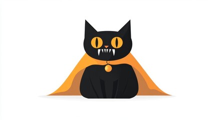 Obraz premium A playful cartoon illustration of a black cat in a Halloween costume, featuring bright orange eyes and a spooky cape.