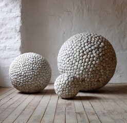 Three large, spherical sculptures, composed of many small, light-gray stones, are arranged on a light-brown wooden floor in a simple, uncluttered  setting.