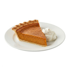Slice of pumpkin pie with whipped cream on a white plate